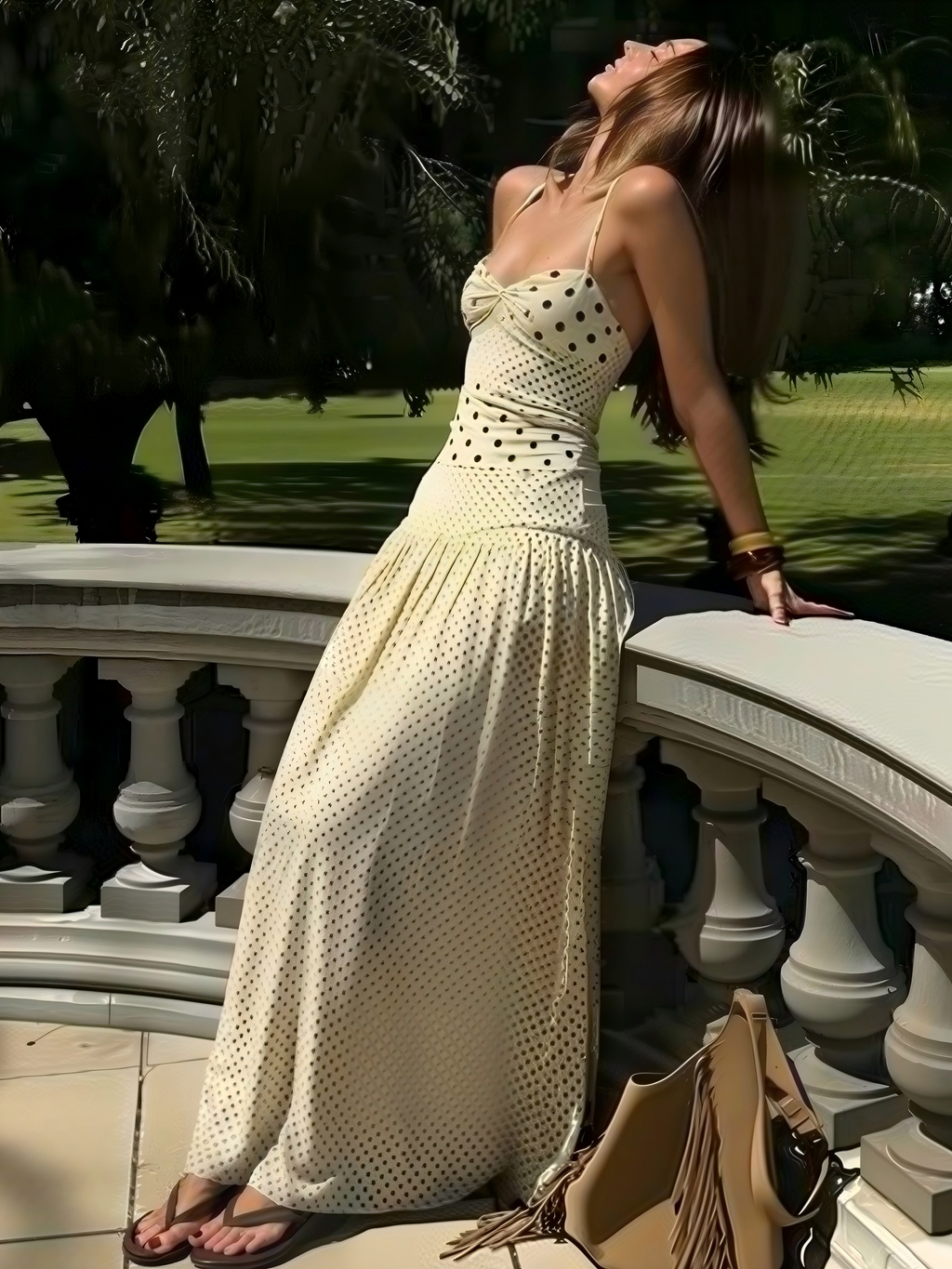 Polka Dot Retro Pleated Long Dress With A Halter Neck