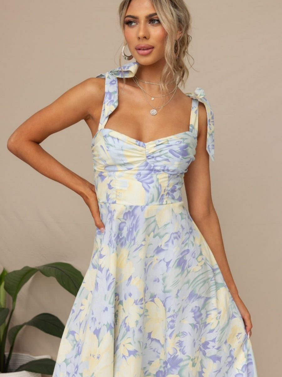 Waist V-neck Bandage Camisoles Printed Vacation And Leisure Maxi Dresses