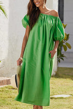 Off Shoulder Puff Sleeves Pocketed Baggy Midi Dress