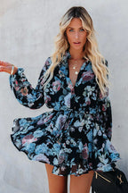 Floral Print V-Neck Button-Front Drawstring Waist Ruffle Hem Mini Dress