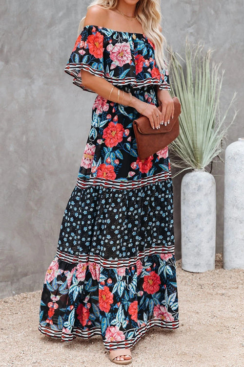Off Shoulder Ruffle Bardot Tiered Sash Tie Tropical Floral Maxi Dress