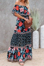 Off Shoulder Ruffle Bardot Tiered Sash Tie Tropical Floral Maxi Dress