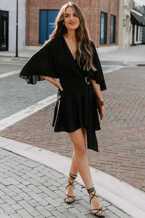 Surplice Wrap Buckle Waist Flutter Sleeve Ruffled Hem Mini Dress