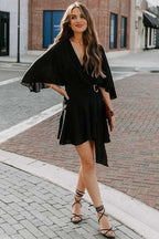 Surplice Wrap Buckle Waist Flutter Sleeve Ruffled Hem Mini Dress