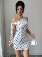 Retro Polka Dots Sloping Shoulders Bandage Hip-hugging Mini&Short Dresses