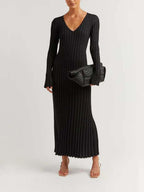 Deep V-Neck Ribbed Knit Long Sleeve Lettuce Edge Trim Maxi Dress