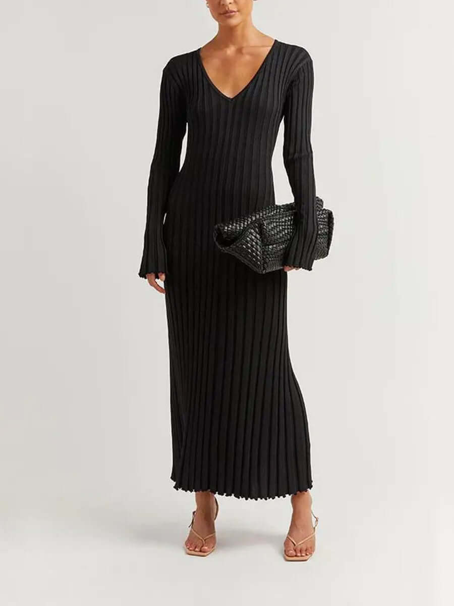 Deep V-Neck Ribbed Knit Long Sleeve Lettuce Edge Trim Maxi Dress
