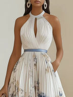 Plants And Flowers Printed Halter Hollow Crimp V-neck Maxi Dresses