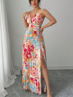 Sexy Deep V-neck Sleeveless Floral Print Maxi Dress With Slit Hem And Pleats