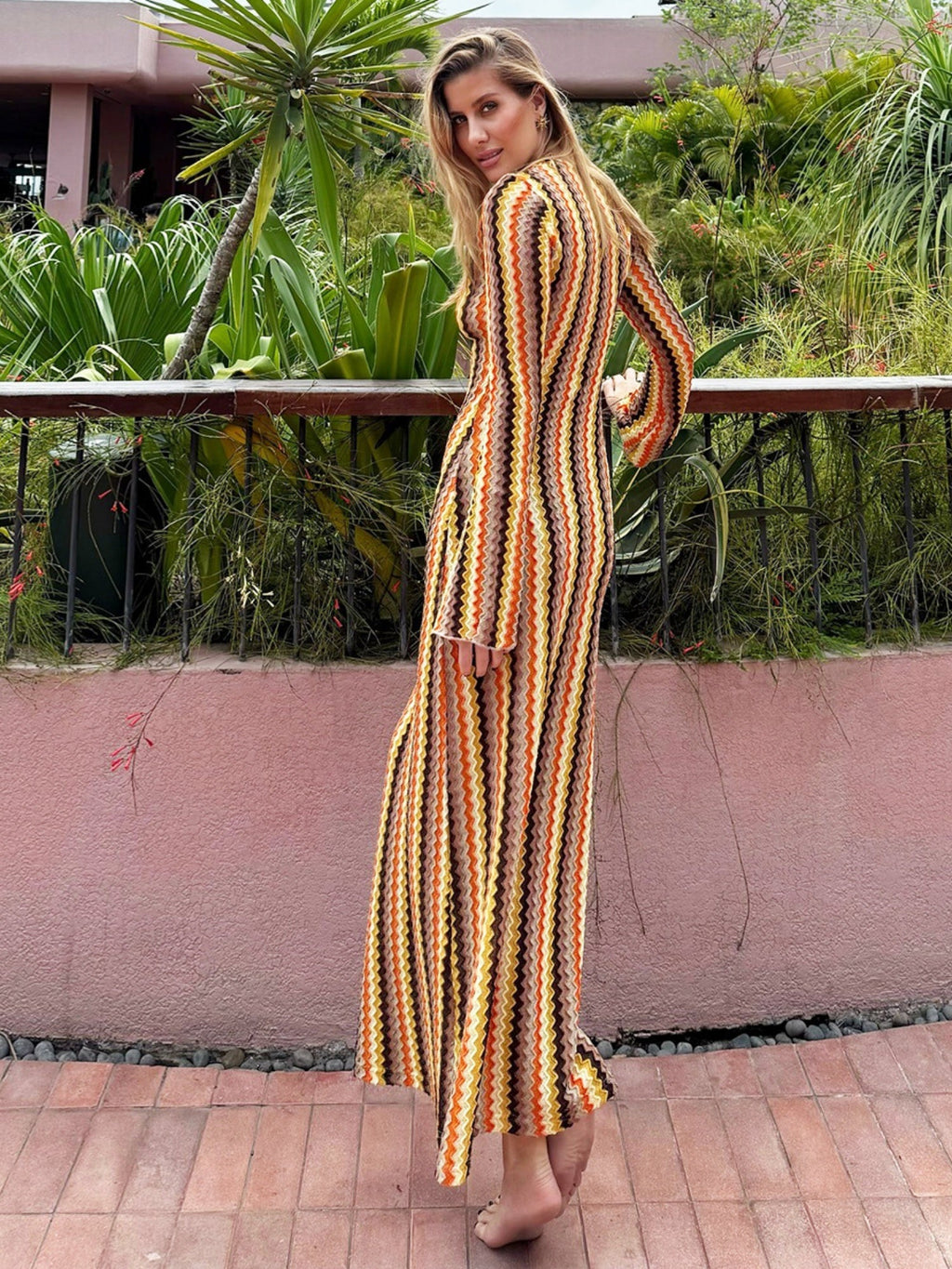 Striped Color Blocking V-neck Long Sleeve Maxi Dresses