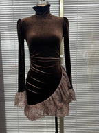 Lace-trimmed Velvet Long-sleeved Stand-collar Short Dress