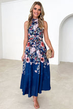 Floral Print Halter Neck Tie Waist A-Line Midi Dress