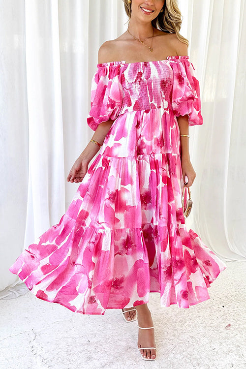 Off Shoulder Puff Sleeves Ruffle Tiered Printed Midi Dress