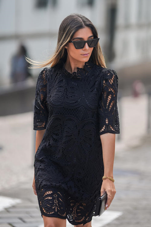 Mock Neck Guipure Lace Scalloped Elbow Sleeve Shift Mini Dress