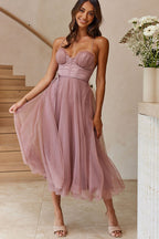 Tulle Corset Sweetheart Spaghetti Strap Tie Waist Midi Dress