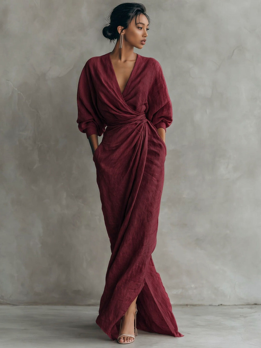 Solid Color V-neck Short-sleeved Zip-up Top And Elastic Waist Pants Two-piece Set
