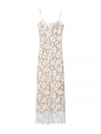 Lace See-through Strappy Slit Maxi Dresses