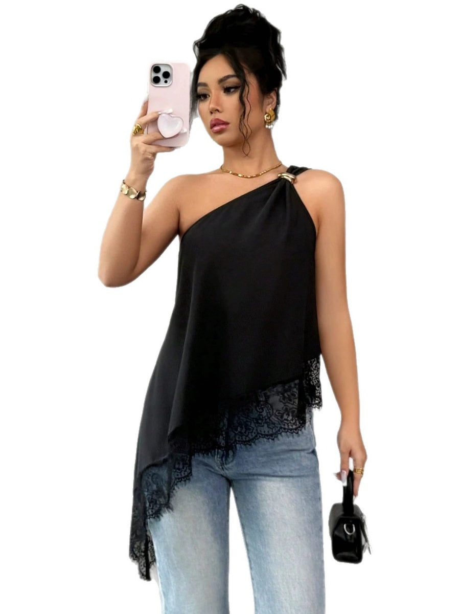 Irregular Hem Lace Stitching Sloping Shoulders Metal Tank Tops&Camis