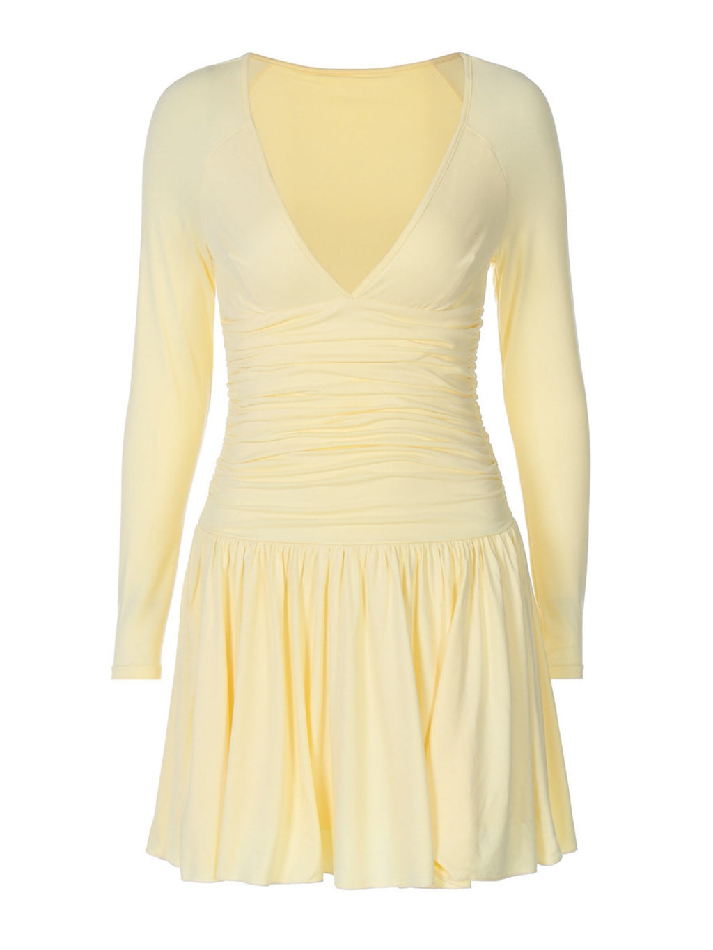 Pleated V-neck Long Sleeve Mini&Short Dresses