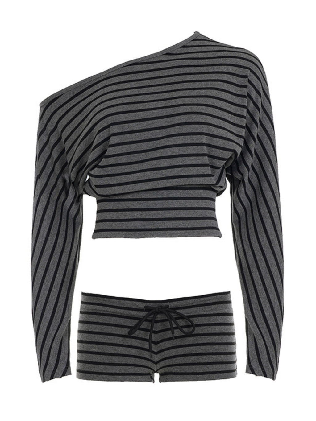 Striped Color Blocking Off-shoulder Long-sleeved T-shirt Slim-fit Shorts 2-piece Sets