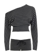 Striped Color Blocking Off-shoulder Long-sleeved T-shirt Slim-fit Shorts 2-piece Sets