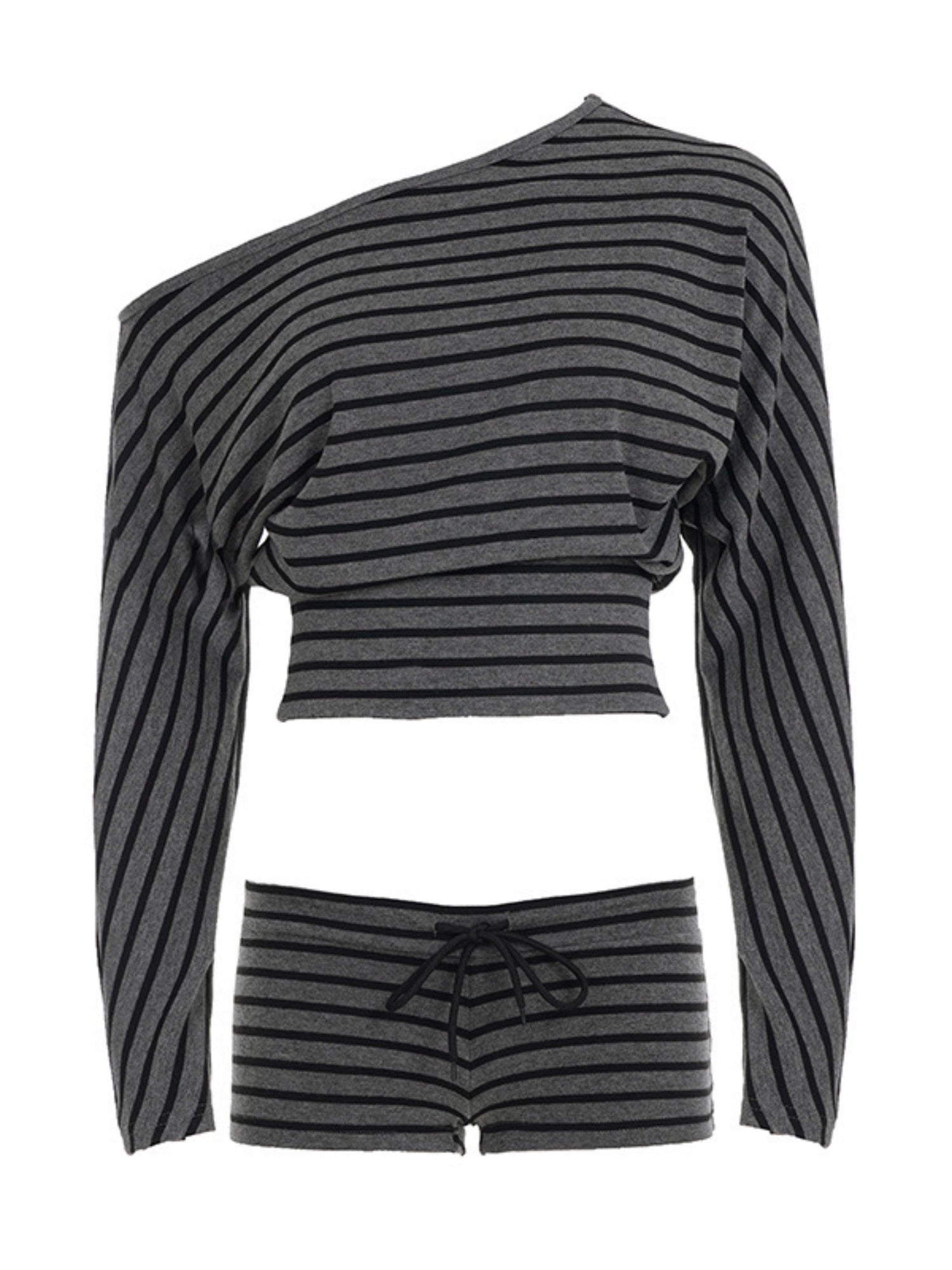 Striped Color Blocking Off-shoulder Long-sleeved T-shirt Slim-fit Shorts 2-piece Sets