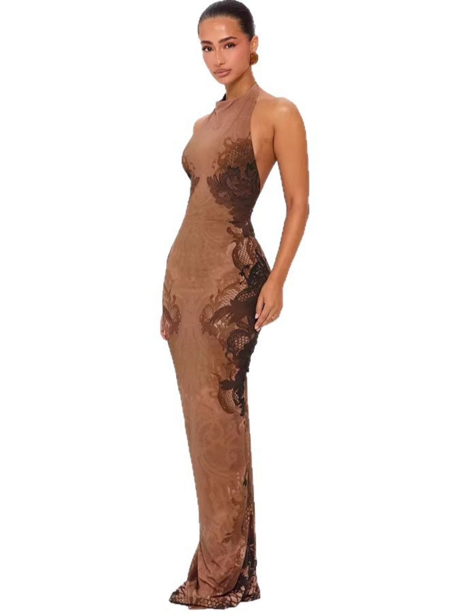 Halter French Backless Printed Formal Dress Maxi Dresses