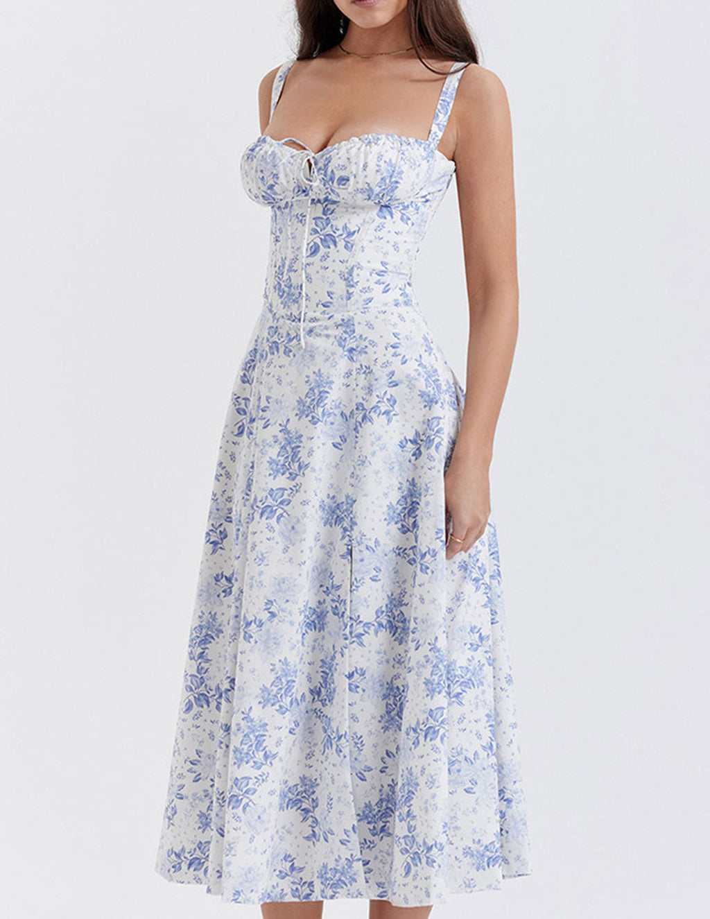Ditsy Floral Print Sweetheart Corset Front Slit Midi Dress
