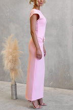 Chic Cap Sleeves Back Slit Maxi Dress with Gold Accent