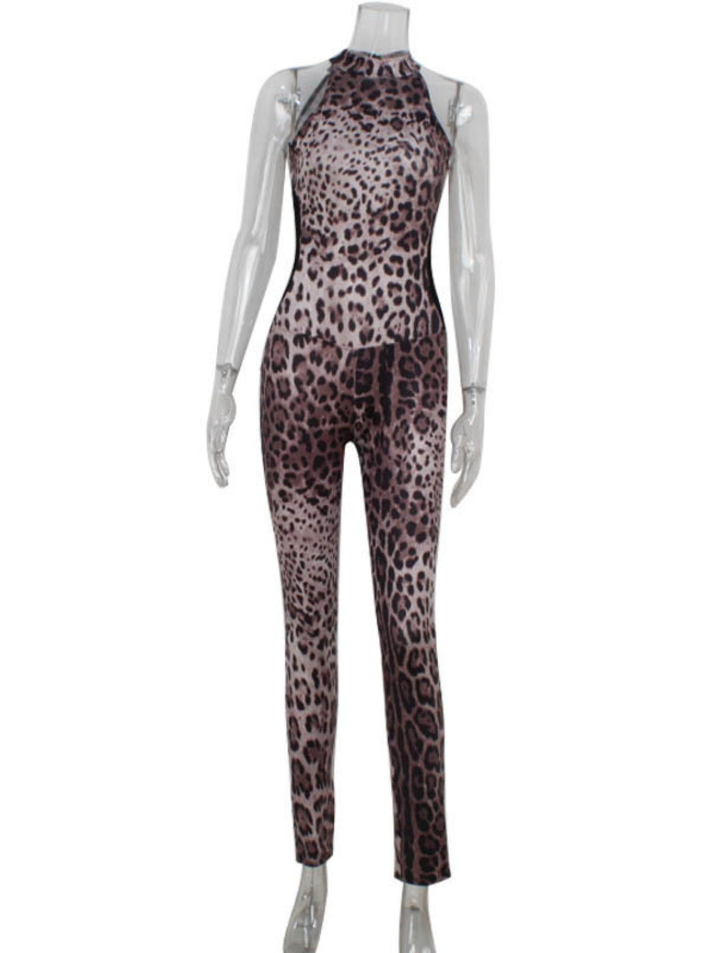 Leopard Print Mesh Splicing Halter-neck Sleeveless Jumpsuits