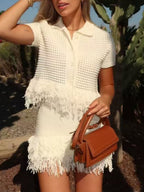 Tassel Knitting Short-sleeved Jacket High-waisted Mini Skirt 2-piece Sets