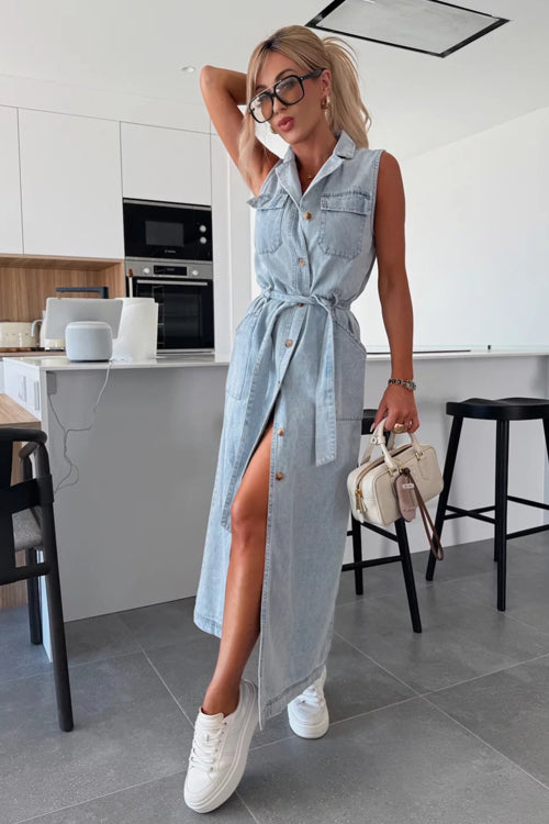 Denim Collar Button Down Belted Pocket Flap Sleeveless Maxi Shirt Dress