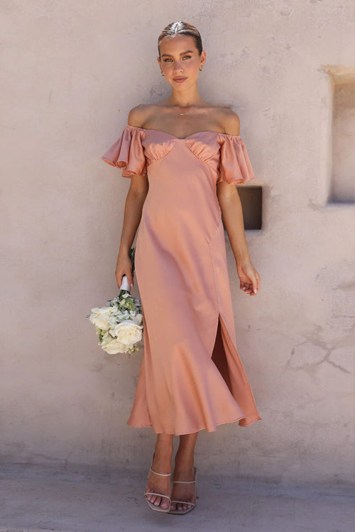 Satin Sweetheart Flutter Sleeve Ruched Bust High Slit Midi Dress