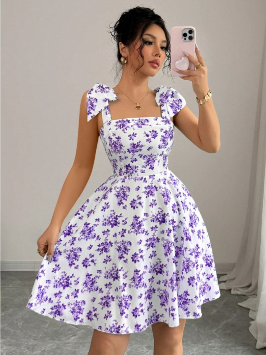 Waist V-neck Bandage Camisoles Printed Vacation And Leisure Mini&Short Dresses