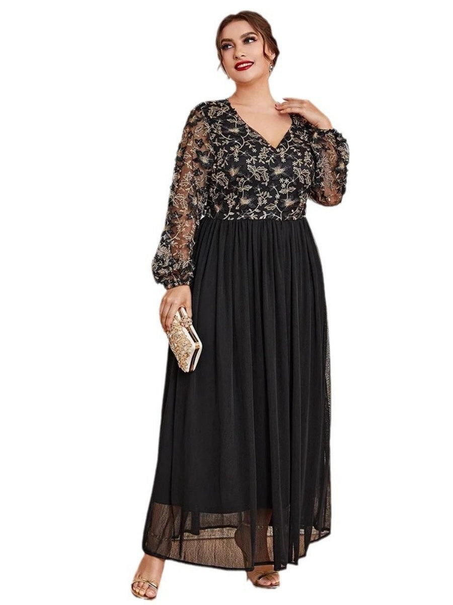 V-neck Black Splicing Formal Dress Banquet Maxi Dresses