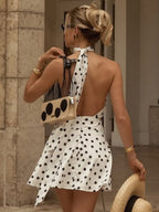 Polka Dots Halter Neck And Backless High-waisted Belt Mini&Short Dresses