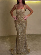 Gold Sequin Ruched Mermaid Gown