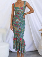 Printed Gathering Camisoles V-neck Ruffle Maxi Dresses