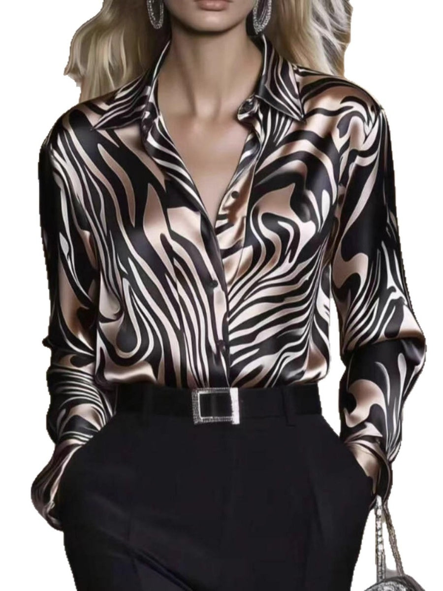 Zebra Print Single-breasted Slim-fit Satin Casual Shirts