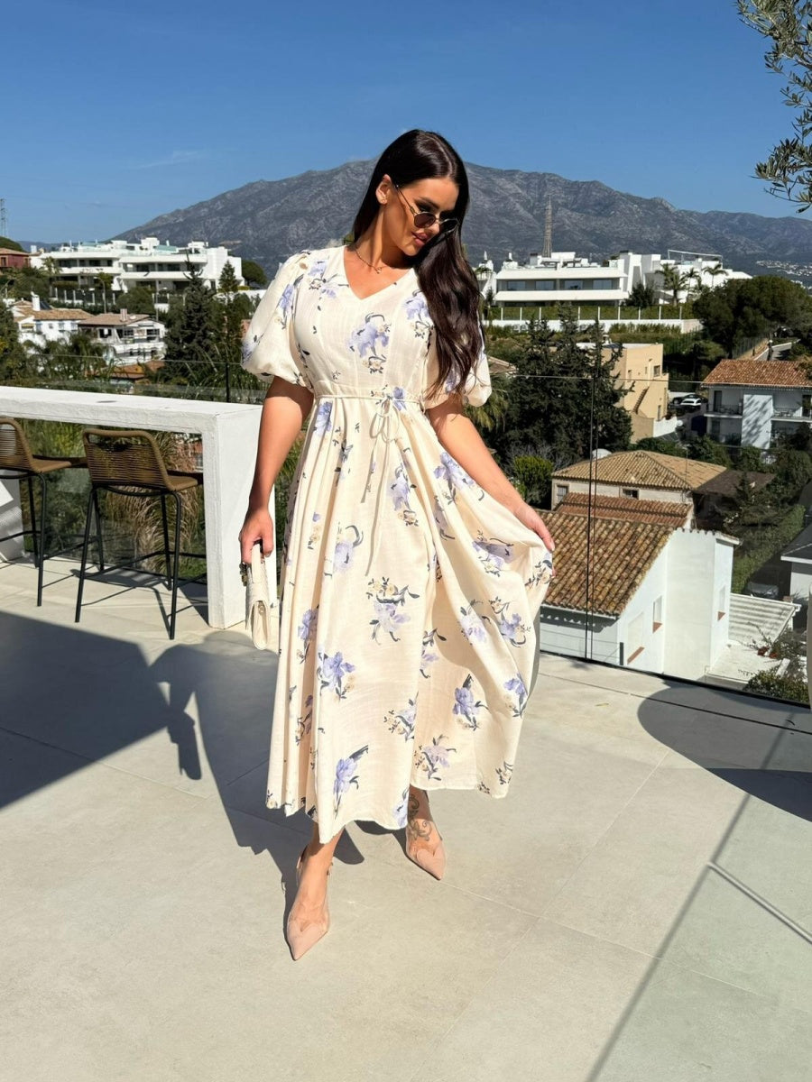 V-neck Puff Sleeve Printed Bandage Large Skirt Vacation And Leisure Maxi Dresses