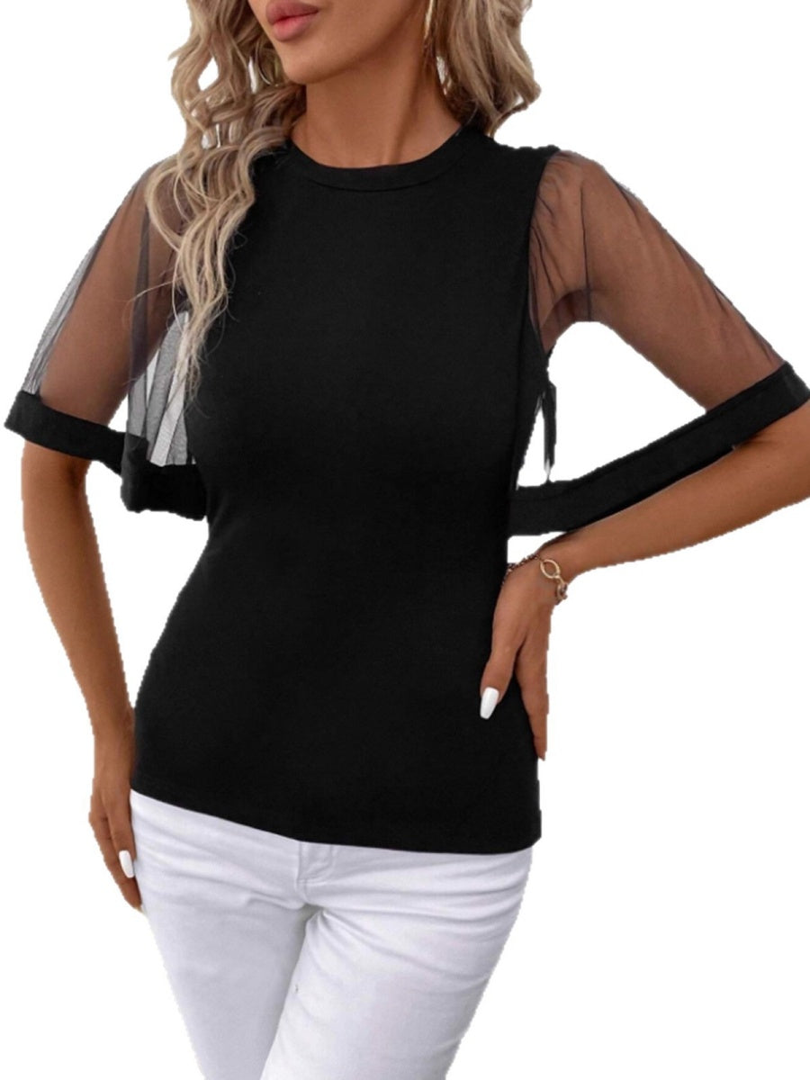 Crew Neck Mesh Bell Sleeves Splicing T-shirts