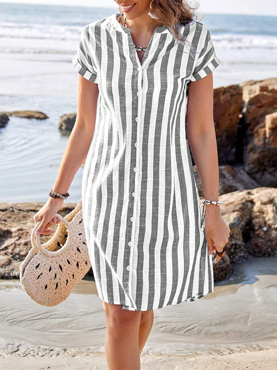 Buttons Stripes Mini&Short Dresses