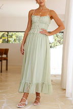 Frill Trim Lace Up Ruched Maxi Cami Dress
