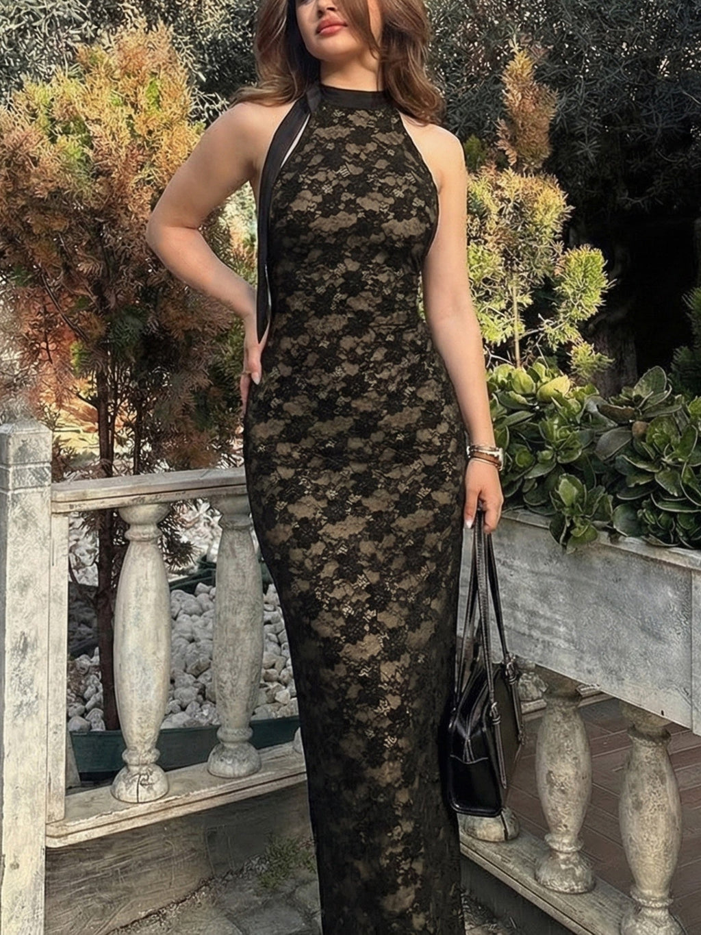 Lace Patchwork Halter Neck And Backless Sleeveless Bodycon Maxi Dresses