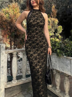 Lace Patchwork Halter Neck And Backless Sleeveless Bodycon Maxi Dresses