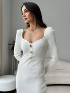 Rib Knit Sweetheart Neck Long Sleeve Gem Button Bodycon Midi Dress