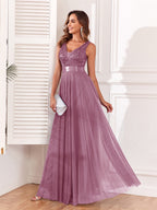 V-neck Embroidery Sequins Elegant Gauze Formal Dress Maxi Dresses