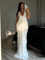 Loose-fitting, Backless, Sleeveless, V-neck, Pleated Halter-neck Mesh Long Dress