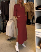 Scarlett Elevated Solid Color Slit Dress with 3/4 Sleeves Everyday Luxe Edit