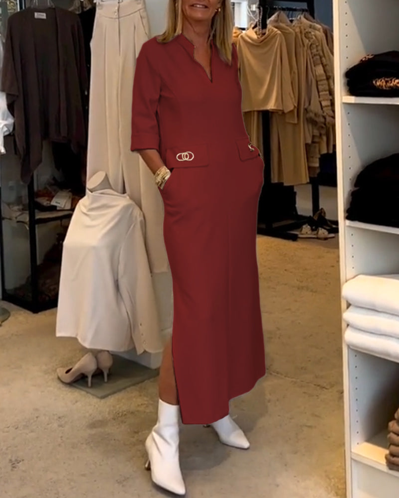 Scarlett Elevated Solid Color Slit Dress with 3/4 Sleeves Everyday Luxe Edit